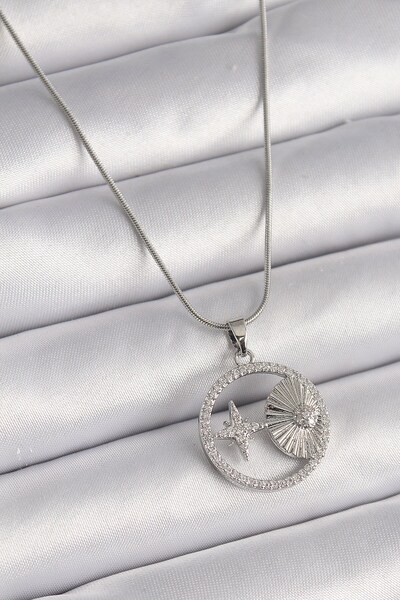 Inure Jewelry 316L Steel Silver Color Chain Zircon Stone Star Medallion Model...