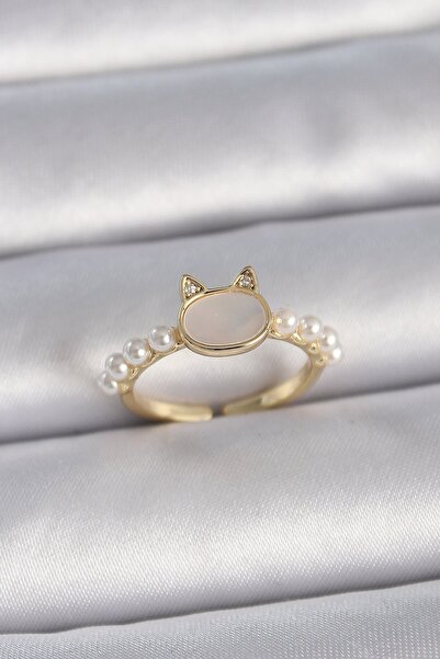 Inure Jewelry خاتم نسائي من النحاس بلون ذهبي قابل للتعديل مع مينا أبيض وتفاصي...
