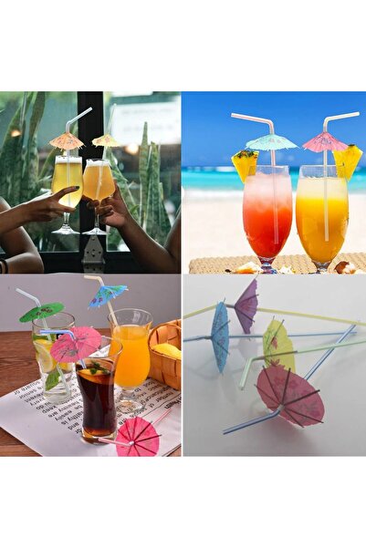 partidolu Hawaian Renkli Şemsiye Şekilli 24 Cm Plastik Körüklü Pipet 100 Adet