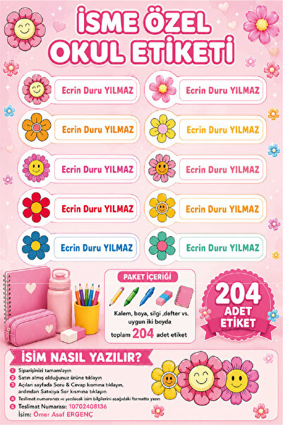 Ayza Tasarım İsme Özel Su Geçirmez Okul Etiketi Sticker Kişiye Özel Kız Çocuk...