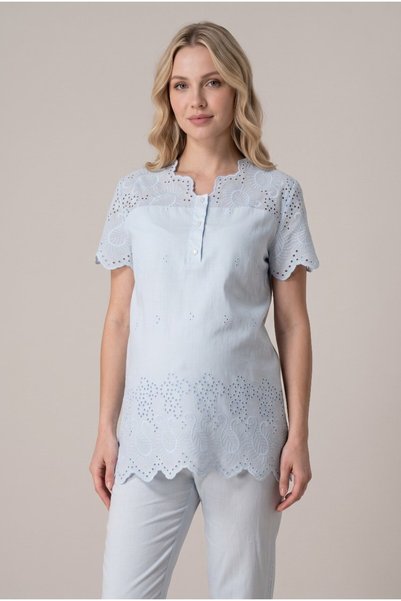LOHOUSE Women's Linen Fisto Lace 3-Piece Maternity Pajama Set with Dressing Gown
