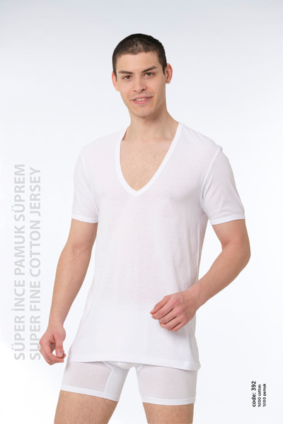 FSM1453 Men's Super Thin Cotton Single Jersey Deep V-neck Short Sleeve Unders...