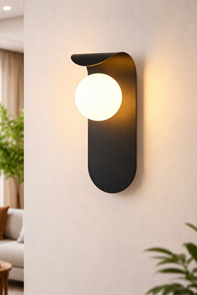 VENON 1 Piece Minimalist Black Metal Sconce Glop White Glass Wall Lamp Bedroo...