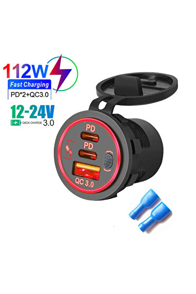 Choice5 Red 3 Ports Quick Charge Dual PD & QC 3.0 112W Aperture Car Charger O...