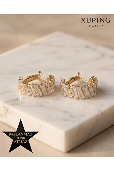XUPING JEWELRY Xuping 14K Altın Renginde Kristal Taşlı Kararmaz Kadın Halka Küpe