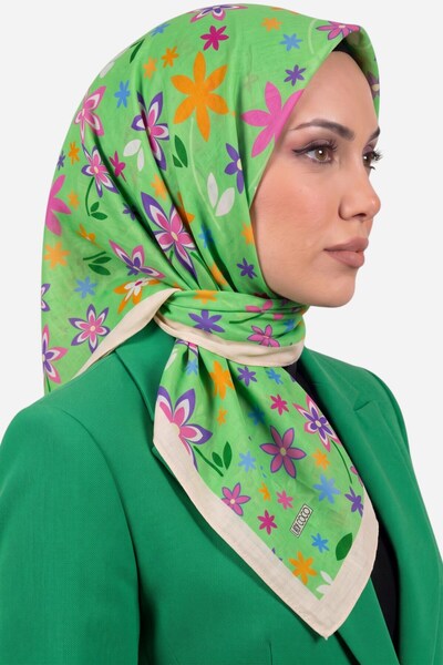 hadiora Women's Green Ecru Floral Patterned Organic Cotton Soft Scarf