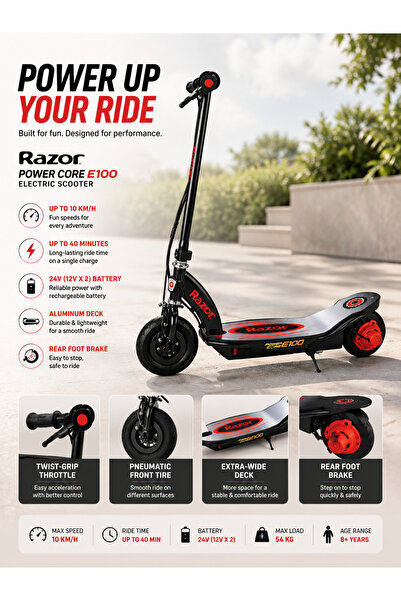Razor سكوتر كهربائي Z Hub Motor 100W إطار مملوء بالهواء E100S
