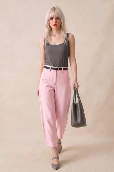 LA PANTE Women's Trousers Barrel Pants Belted Cloutte Pants High Waist Stylish Boyfriend Wide Leg Pink Fabric Pants