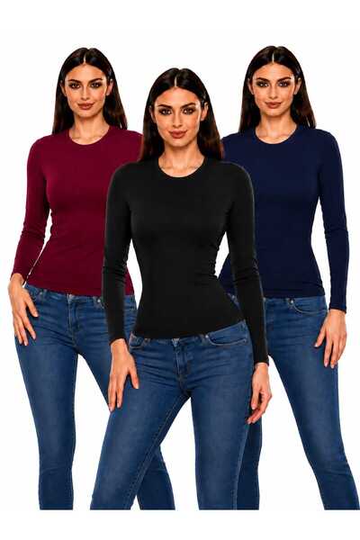 ROKİDS Women's 3-Piece Crew Neck Long Sleeve Lycra Hijab Combed Cotton Bodysuit