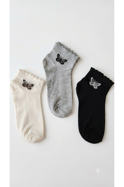 EFİLACCESSORİES Butterfly Patterned 3-Piece Summer Women's Booties Socks