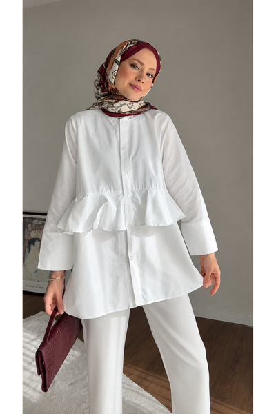 RFK Butik Kadın Alerli Seyyar Kemerli Poplin Gömlek Tunik - Beyaz