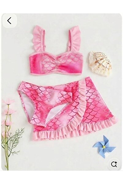 ARBİ kids Girl's Pink Wavy Pattern Stylish Skirted Three-Piece Bikini Set Swi...