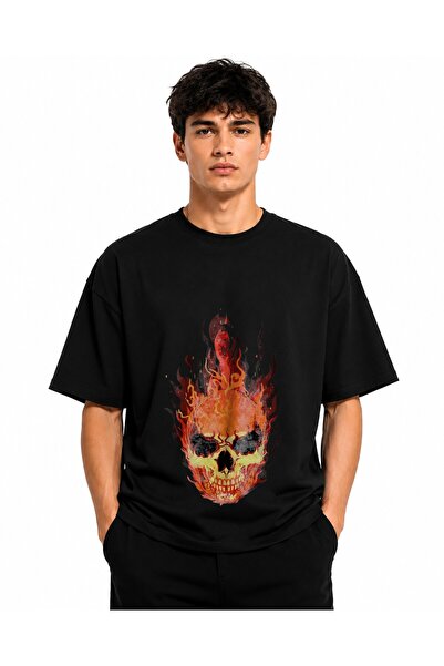 Inscriptie Tricou Unisex Bumbac Premium Casual " Flaming skull "