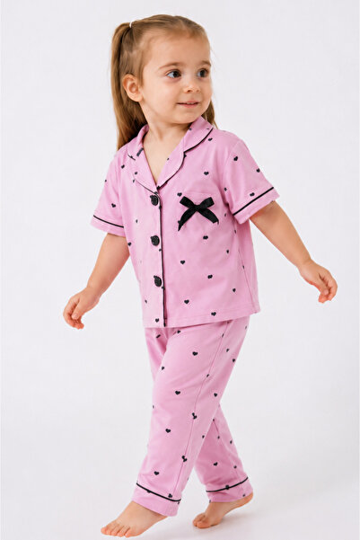 Rocha Baby Kalp Desenli Biye ve Fiyonk Detaylı Düğmeli Kız Çocuk Pijama Takımı