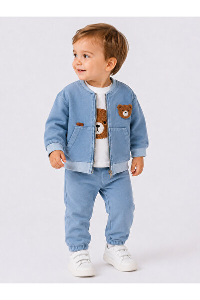 Rocha Baby Rocha Erkek Bebek Mavi Denim Görünümlü Ayıcık Nakışlı 3’lü Takım -...