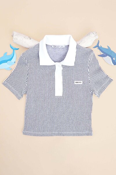 Fulla Moda cu dungi Tricou pentru fete cu guler polo și emblemă