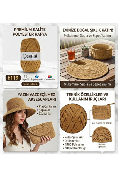 destini Soft Raffia Rope, Polyester Raffia Rope, Bodrum Raffia, Hobby Rope 100Gr