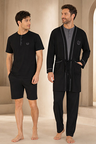 Loule Men's 100% Cotton 5-Piece Boxed Robe & Summer-Winter Pajama Set