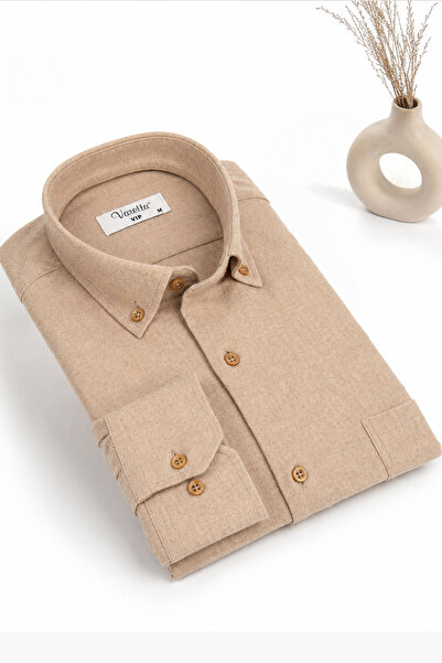 Varetta Men's Beige Winter Pocketed Long Sleeve Collar Buttoned Winter Shirt