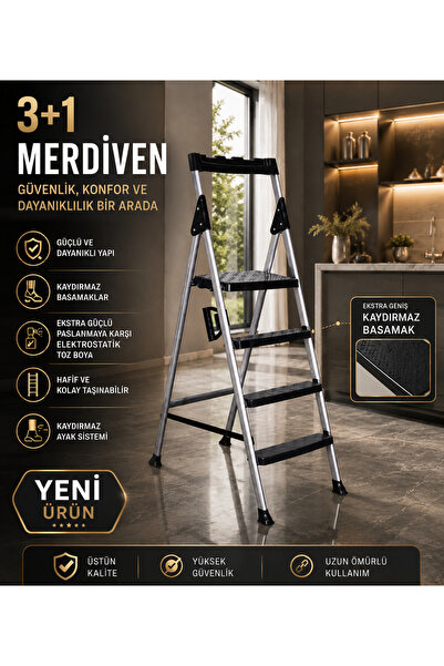Kiwa Metal 3+1 MERDİVEN Özel Tasarım Ekstra Geniş Kaydırmaz Basamak Kolay Taş...