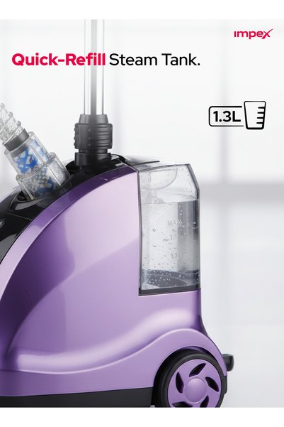 IMPEX Garment Steamer, 1950W Clothes Steamer with 1.3L Water Tank, 32g/min Fast Steam, 38s Preheat, 40 Min Working Time, Coat Hanger, Aluminum Pole, Hairbrush Head, 2 Year - GSM 6010