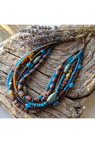 azra takı tasarım Handmade Coffee, Blue-Toned Multi-Short Women's Necklace