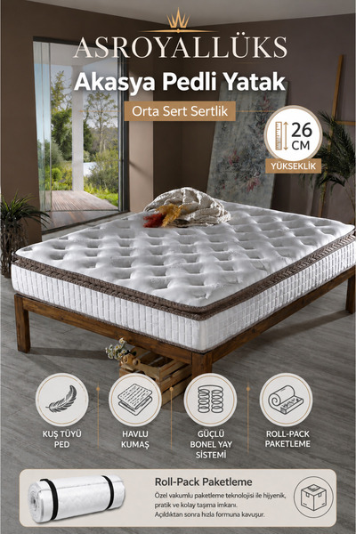 ASROYALLÜKS Akasya Bel ve Sırt Destekli Ultra Ortopedik Pedli Yaylı Yatak, Ha...
