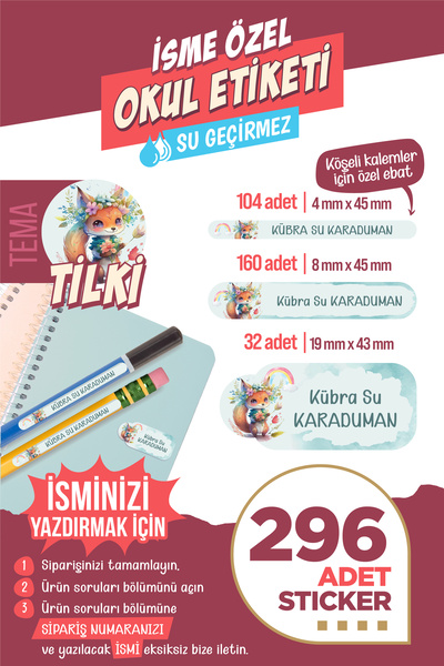 colortouch 296 ADET Tilki Temalı Okul Etiketi Sticker Kalem Etiketi Defter Et...