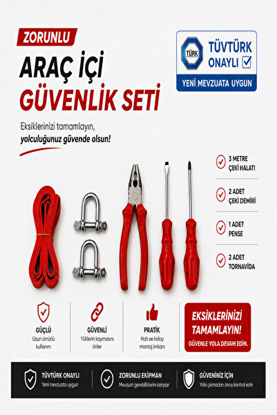 SerBugo ZORUNLU ARAÇ İÇİ GÜVENLİK SETİ ( 3 METRE ÇEKİ HALATI + 2 ADET ÇEKİ DE...