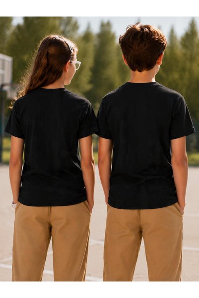 Alme Plain Black Children's T-Shirt - 100% Cotton Unisex - Size 2 Is Recommended