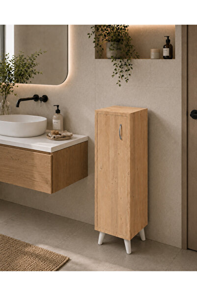 Egecan Mobilya Meşe Tek Kapaklı 3 Raflı Banyo Dolabı Havlu Dolabı Sabunluk Ki...