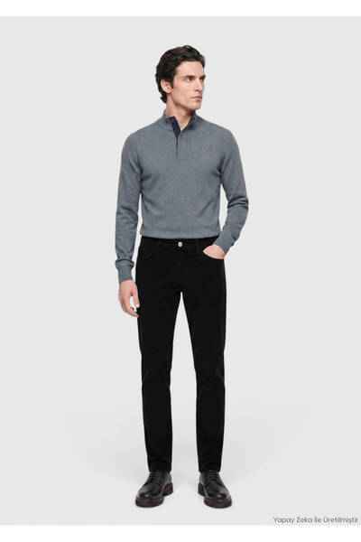Ramsey Pantaloni negri, uni, țesuți, slim fit, din catifea, casual, din amest...