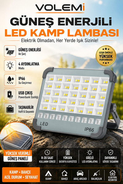 VOLEMİ 12000 mAh Güneş Enerjili Solar 325 Led Projektör Taşınabilir Sarı Beya...