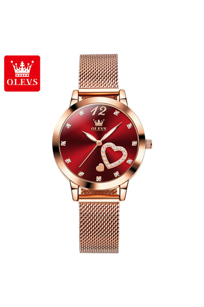 Choice ساعة OLEVS 5189 كوارتز فاخرة للنساء بلون أحمر نبيذي مع حزام شبكي من ال...