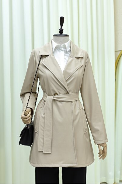 Modamorfo Single Button Pocketed Waist-Tied Leather Trench Coat -Cream