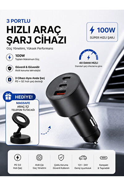 TEKNOKUTUM 100W Süper Şarj özellikli Araç İçi Çakmaklık Hızlı Şarj Portu 3 Port