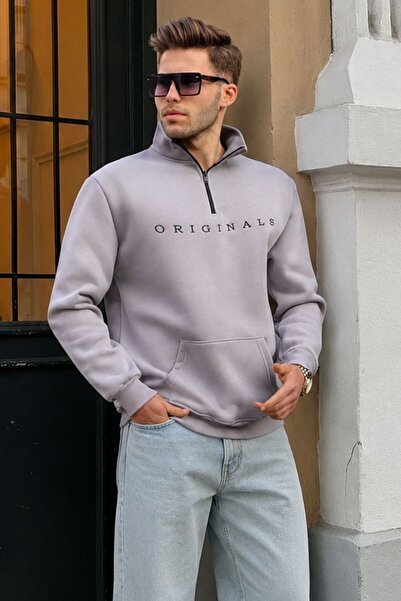 Madmext Painted Gray Zipper Collar Embroidered Sweatshirt 6028