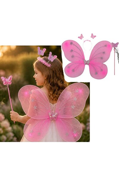 partidolu Kelebek Gösteri Kanat 50 cm Kanat Asa Taç 3 lü Set Pembe Renk