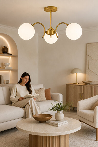 ESSLİGHT Hazal 3’lü Eskitme Beyaz Camlı Modern Salon Mutfak Yatak Odası Avizesi
