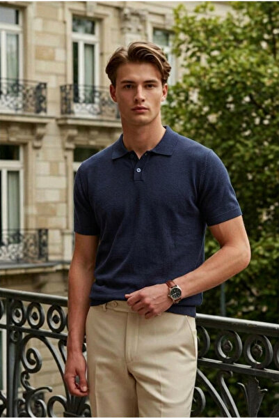 DAMGA JEANS تي شيرت رجالي صيفي بأكمام قصيرة وياقة بولو باللون الأزرق الداكن