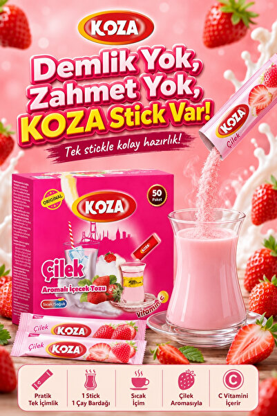 Koza Gurmelerin Seçimi Pratik Lezzet Çilek Aromalı Tek İçimlik Çilek Çayı Premium İçecek Tozu 50 Stick