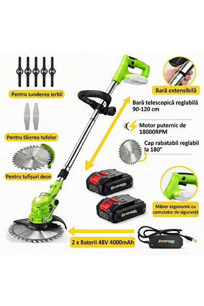 Promagg Електрическа косачка за храсти, 18 000 об/мин, 2 батерии 48V 4000 mAh...