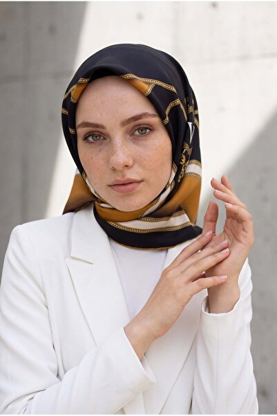 Vissona %100 Twill İpek Baroklu Ve Geometrik Desenli Hardal - Siyah Renkli 90...