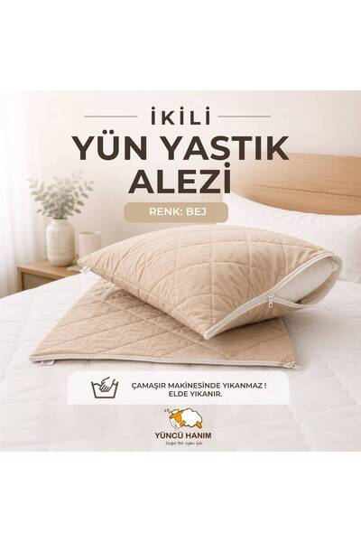 Yüncü Hanım Beige Colored Lamb Wool Filled Quilted Pillow Cushion, Natural Co...