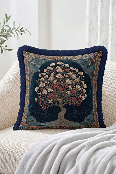 Realhomes Fringed Throw Pillow Cover with Blooming Tree Motif in Navy Blue an...