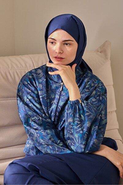 QANU Desenli Tesettür Mayo 3'lü Set Mavi
