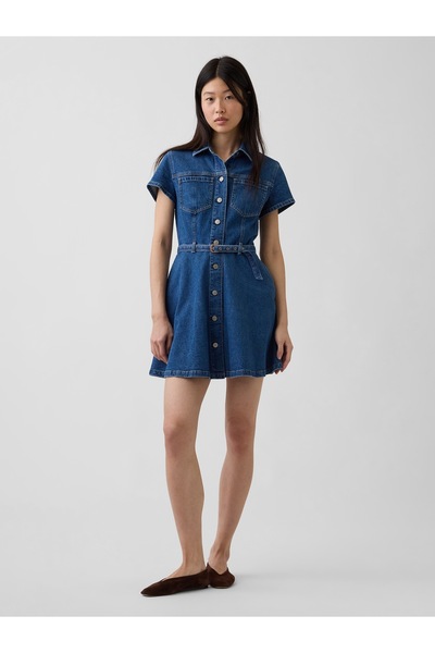GAP Kadın Mavi Denim Kemerli Mini Gömlek Elbise