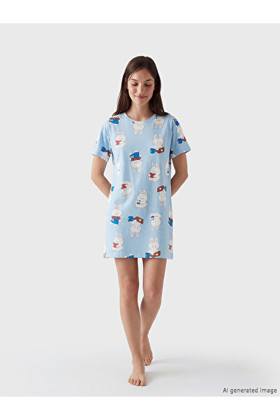 LC Waikiki Nevavm Women's Nightgown with Oval Collar and Printed Design