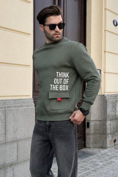 Madmext Khaki Crew Neck Raised Pocket Detailed Printed Men's Sweatshirt 7061