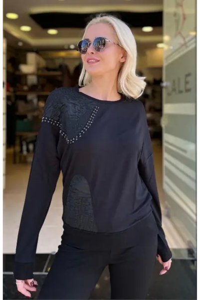 DAIDO Kadın Bisiklet Yaka Uzun Kollu Örme Kumaş Zımba Detaylı Regular T-Shirt 20K321900122